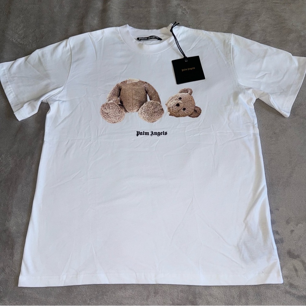 Palm Angels White Tee with Brown Teddy Bear Design, T-shirt, long sleeve